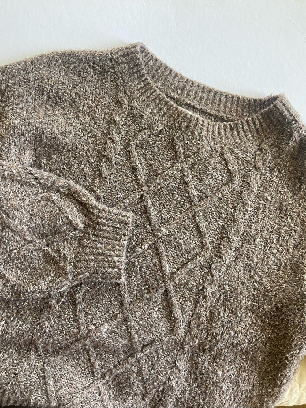 Lucky Brand Taupe Mixed Diamond Cable Knit Crewneck Pullover Sweater M High End